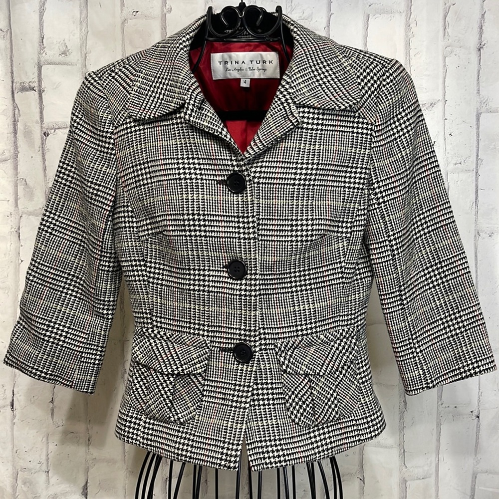 Trina Turk Blazer Plaid Wool Blend Cropped Fully Lined 3/4 Sleeve 3-Button